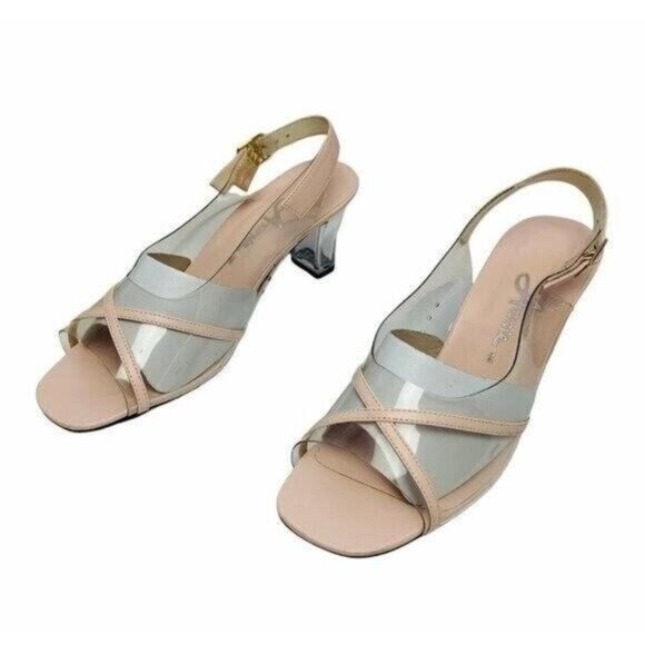Annie Shoes - Annie Pink Shoes with Lucite Clear Block Heels Clear Plastic Slingback Size 7.5